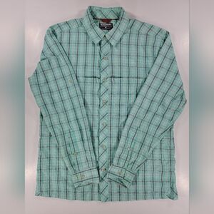 Simms Fishing Shirt Mens Medium Blue Plaid Button Down Long Roll Tab Sleeves